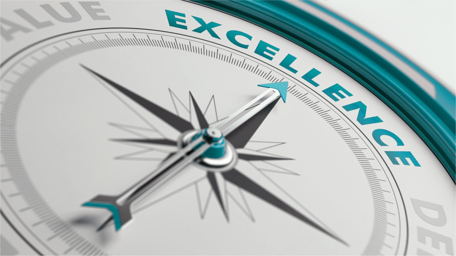 Picture of a compass that shows the text excellence under the magnetic needle's north.